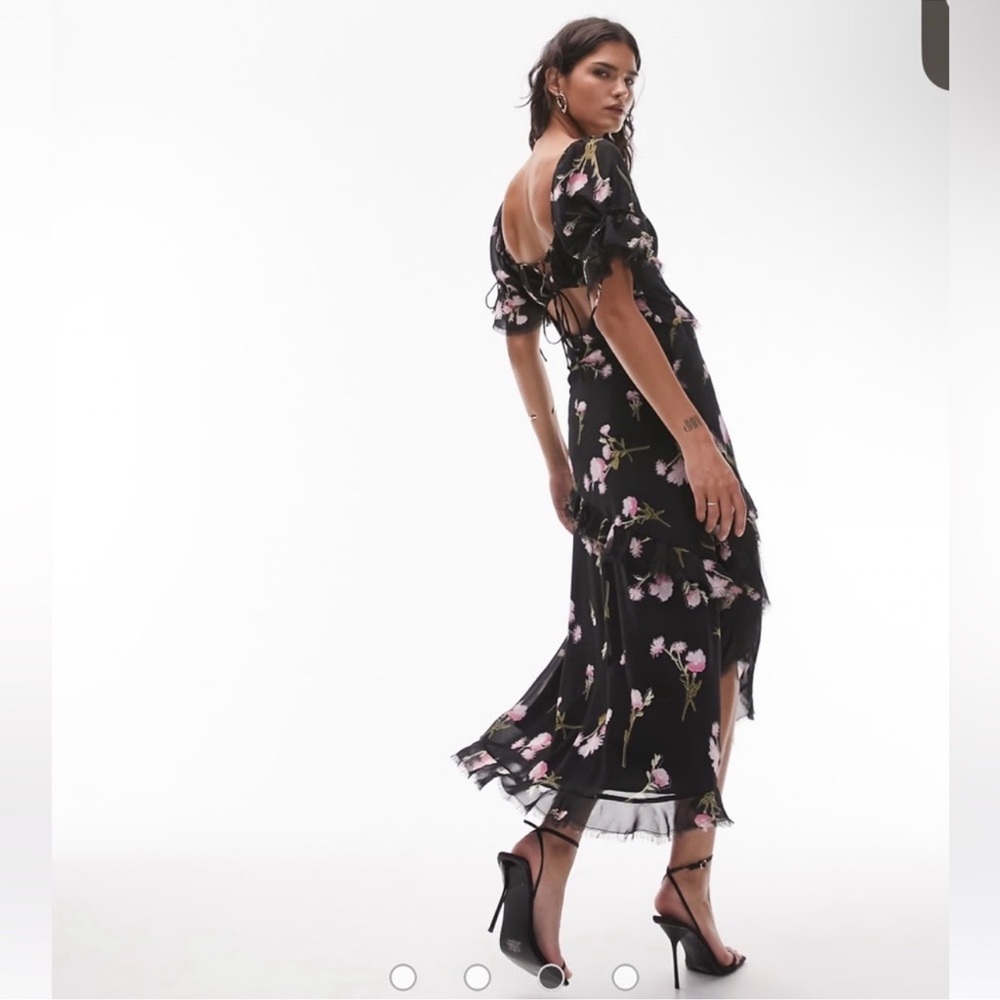 Topshop Black Short Sleeve Maxi Dress with Pink Floral Open Back Size XL NWT